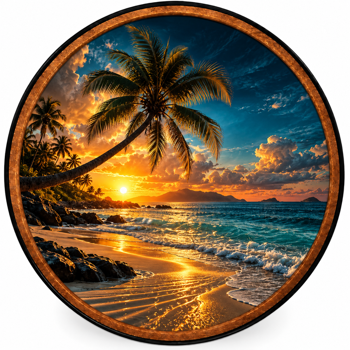 Tropical Sunset – Handcrafted LED Wall Art | Palm Tree, Ocean Waves & Golden Beach Sunset