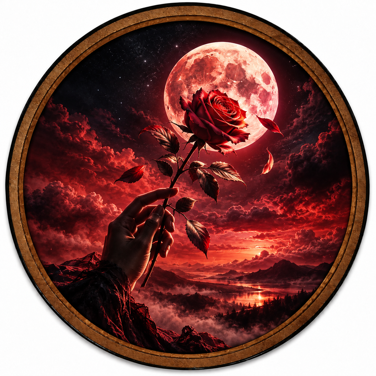 Handcrafted Red Rose Moon LED Wall Art – Romantic Crimson Full Moon, Gothic Floral Fantasy