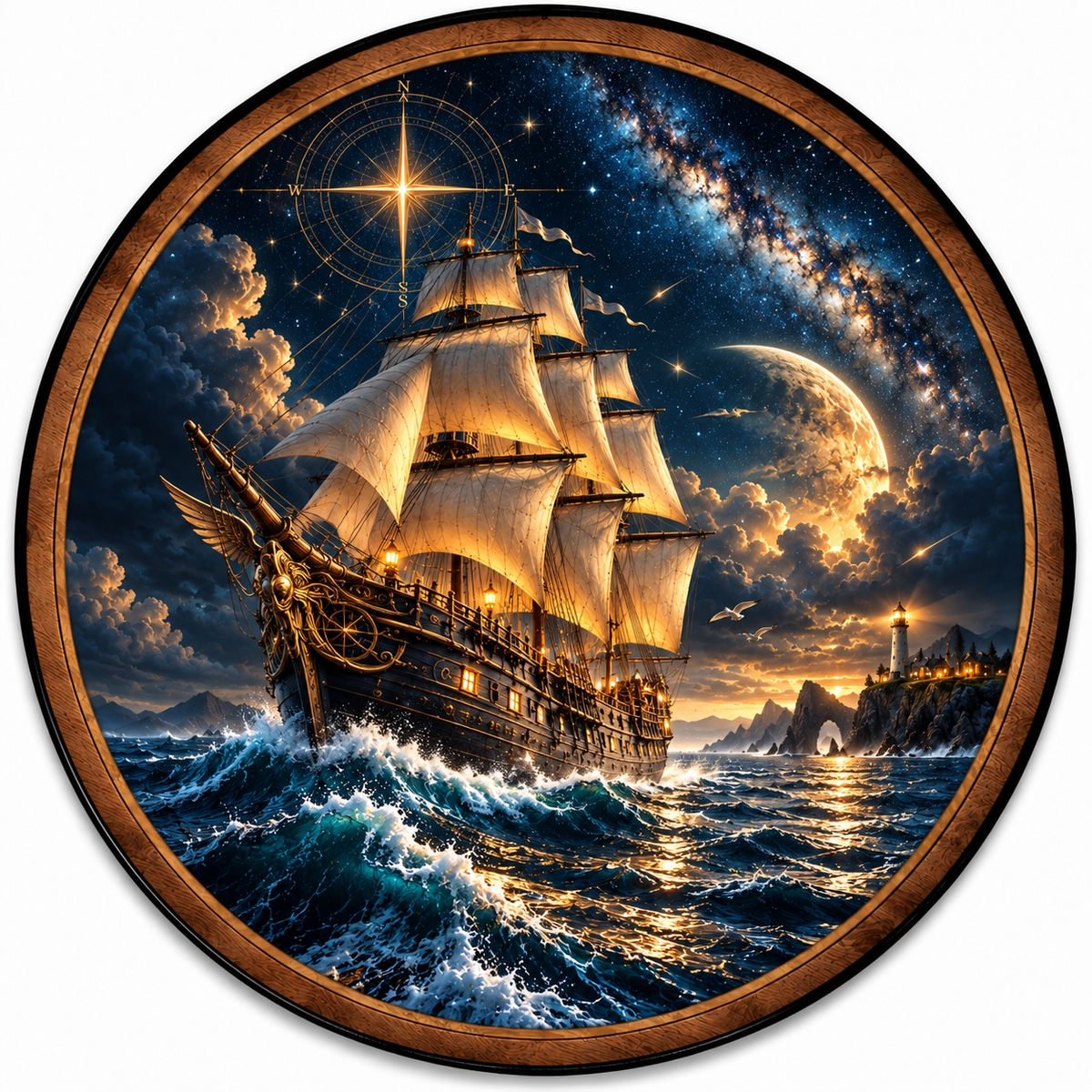 Celestial Voyager – Moonlit Sailing Ship LED Wall Art