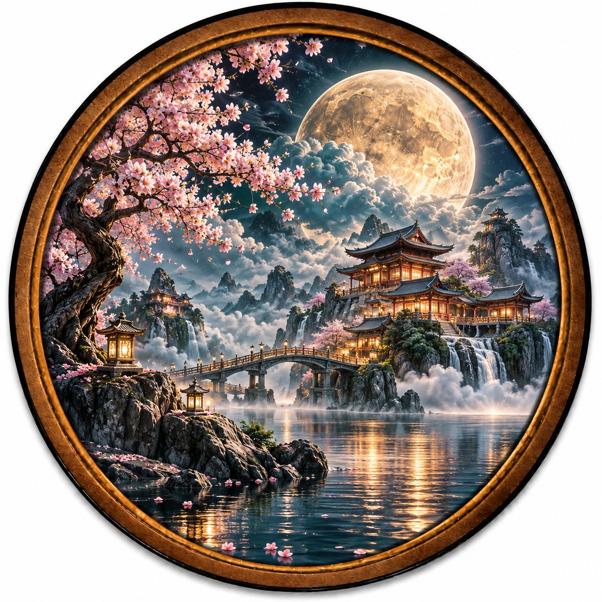 Handcrafted Moonlit Cherry Blossom LED Wall Art – Japanese Pagoda, Golden Full Moon & Fantasy