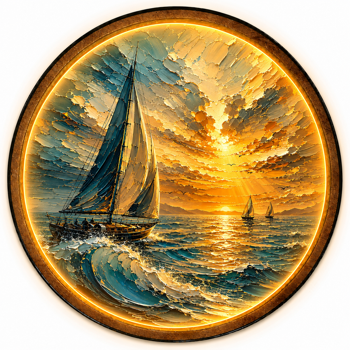 Sunward Sailing LED Wall Art – Golden Ocean Sunset Decor