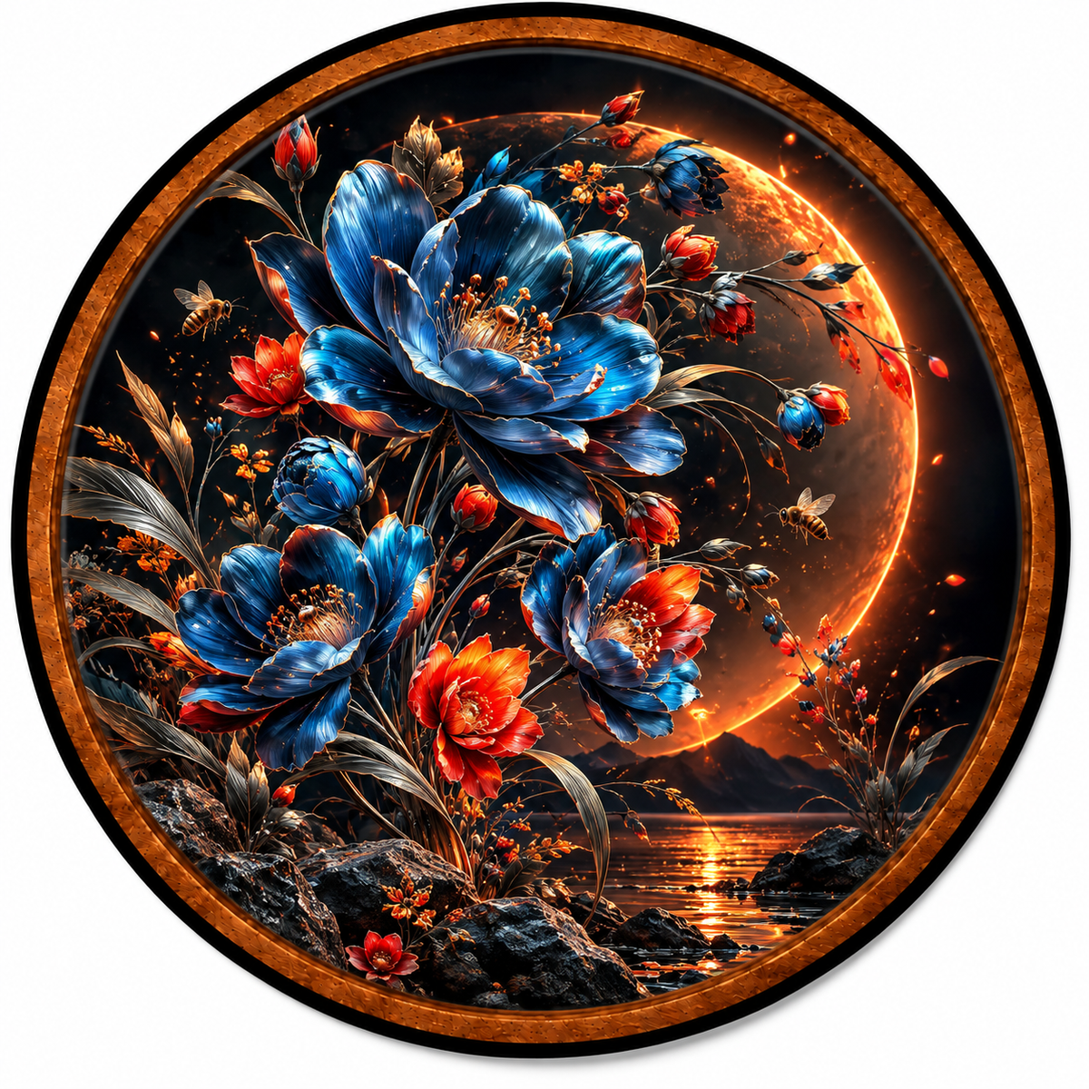 Midnight Ember Blooms – Handcrafted LED Wall Art | Blue & Red Floral Moon Art