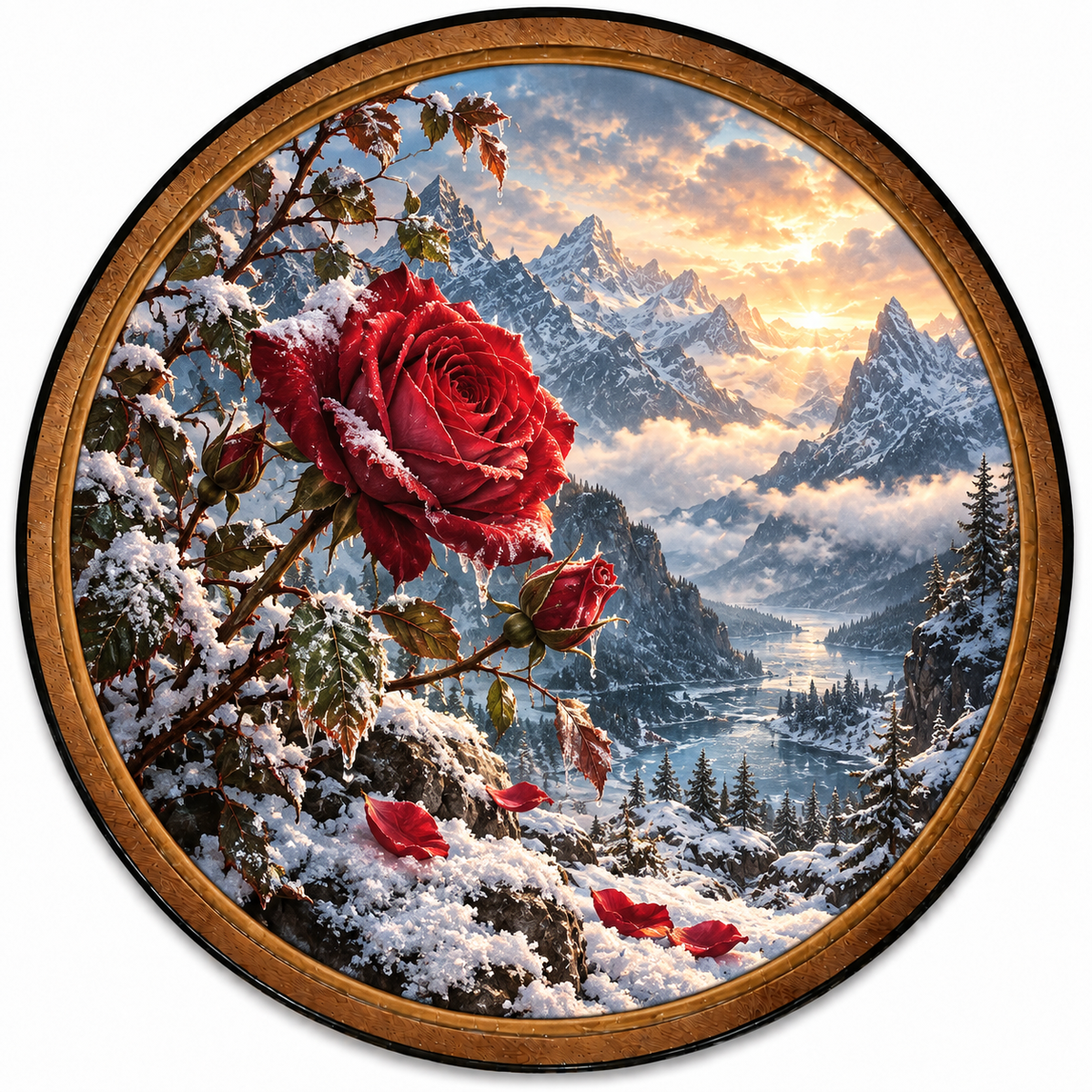 Crimson Rose Winter Mountain Circular LED Wall Art