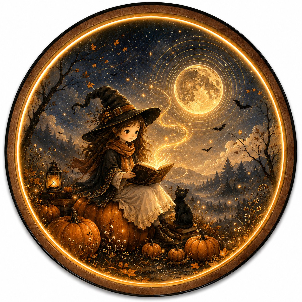 Moonlit Witch Reading LED Wall Art – Magical Halloween Illuminated Round Wall Decor with Black Cat
