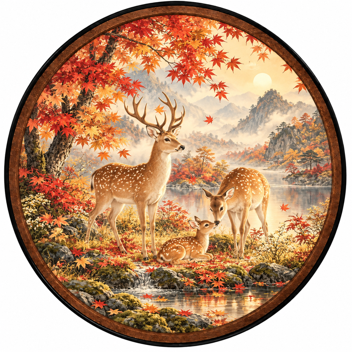 Deer Family & Japanese Maple Forest – Handcrafted LED Wall Art