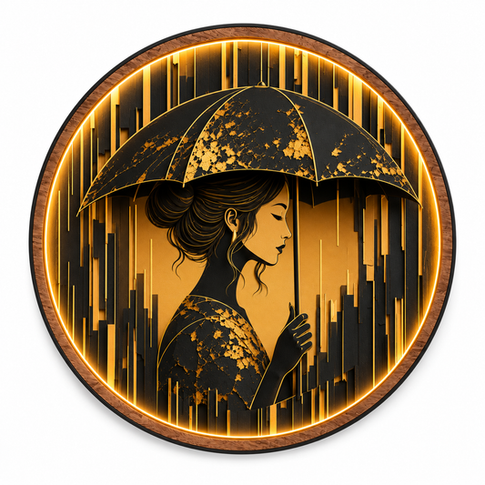 Golden Serenity LED Wall Art | Elegant Woman Under Umbrella Round Lighted Wall Decor | Warm LED Ambient Light