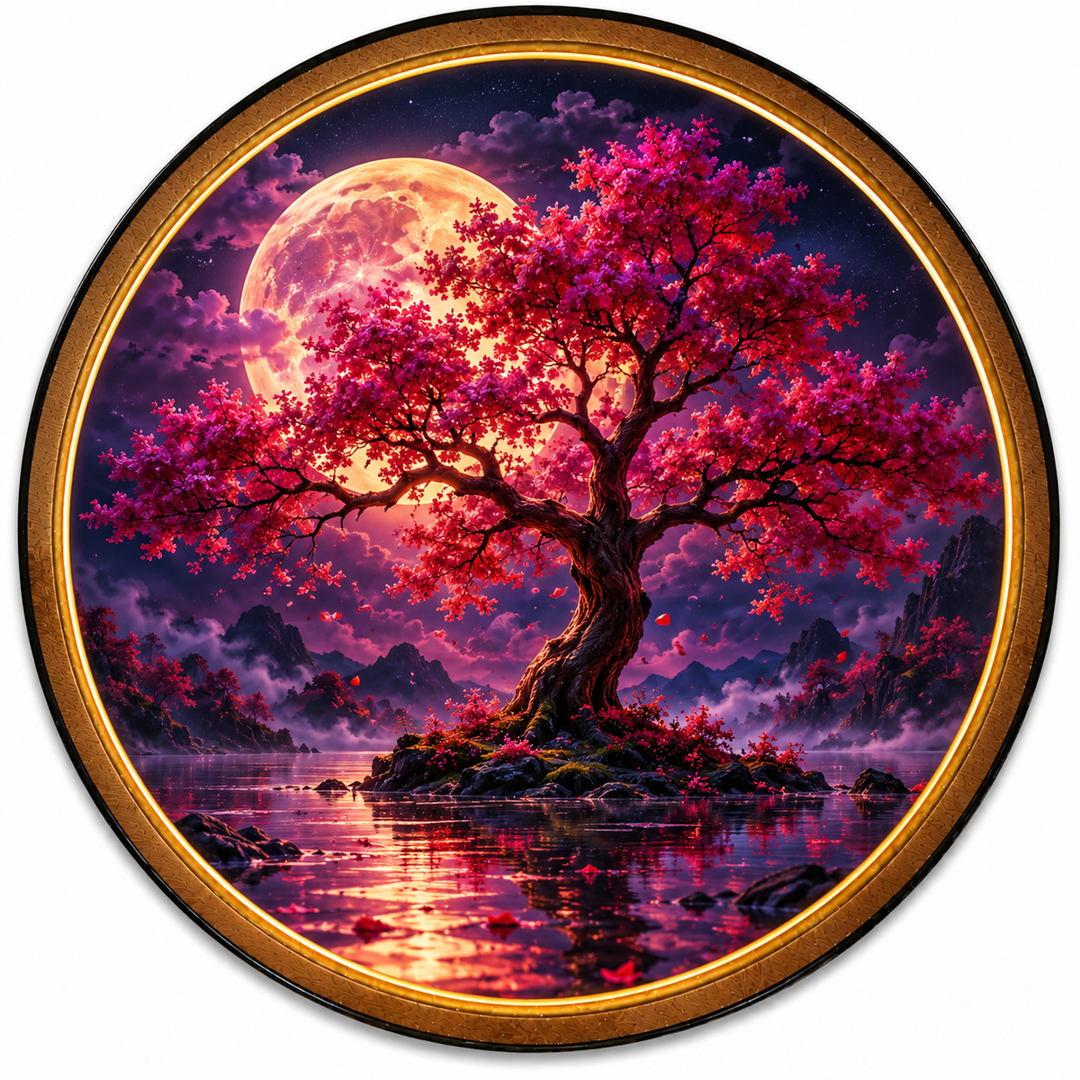 Crimson Moon Blossom Tree Circular LED Wall Art