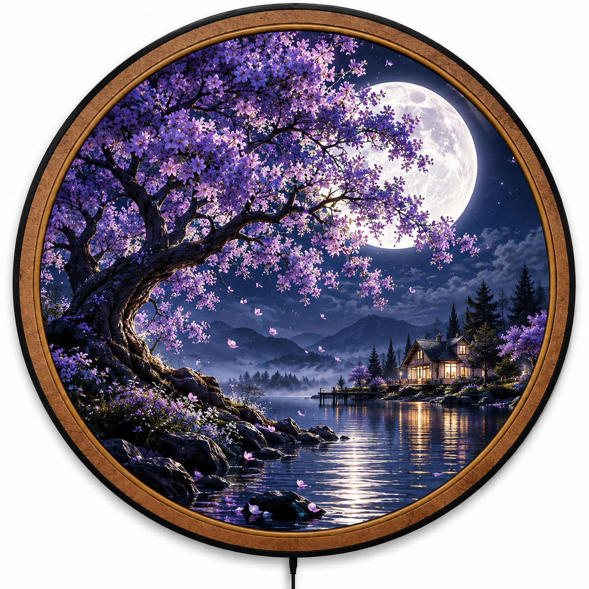 Moonlit Blossom Lake – Handcrafted LED Wall Art