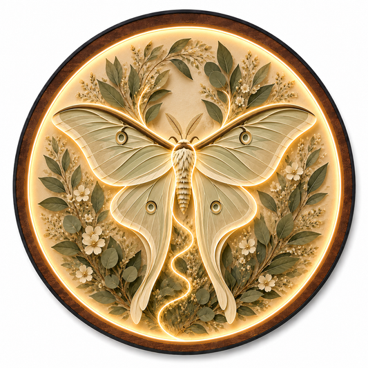 Moonlit Luna Moth LED Wall Art – Round Wooden Botanical Light Decor