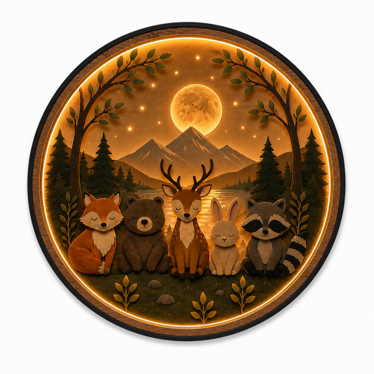 Woodland Friends LED Wall Art Light – Forest Animal Nursery Decor | Round Acrylic Wall Lamp