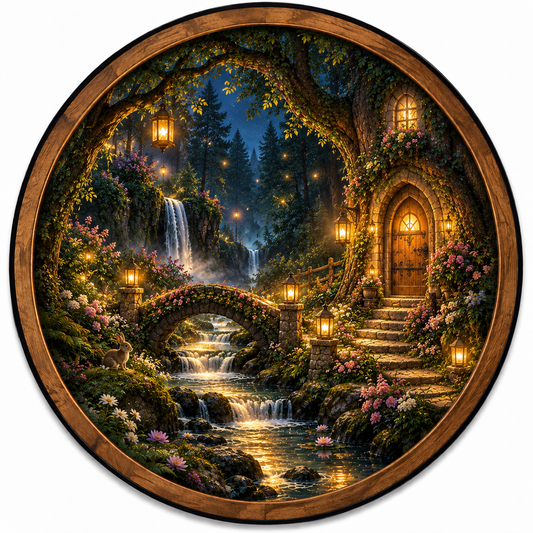 Enchanted Forest Cottage LED Wall Art – Magical Waterfall Garden