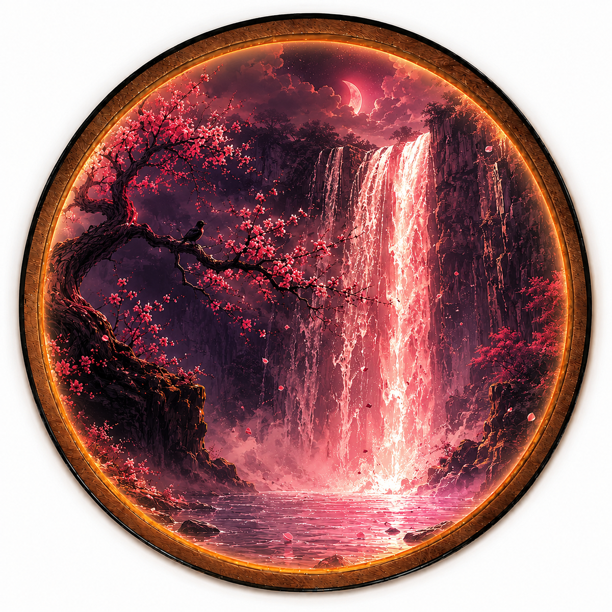 Crimson Veil LED Wall Art – Moonlit Waterfall Decor