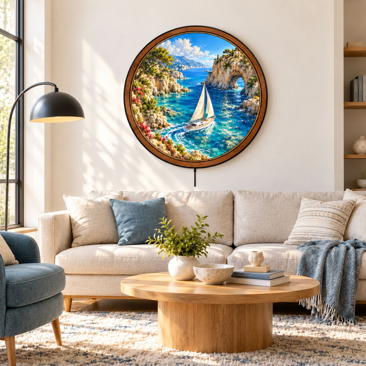 Mediterranean Sailboat Coastal Cove Circular LED Wall Art