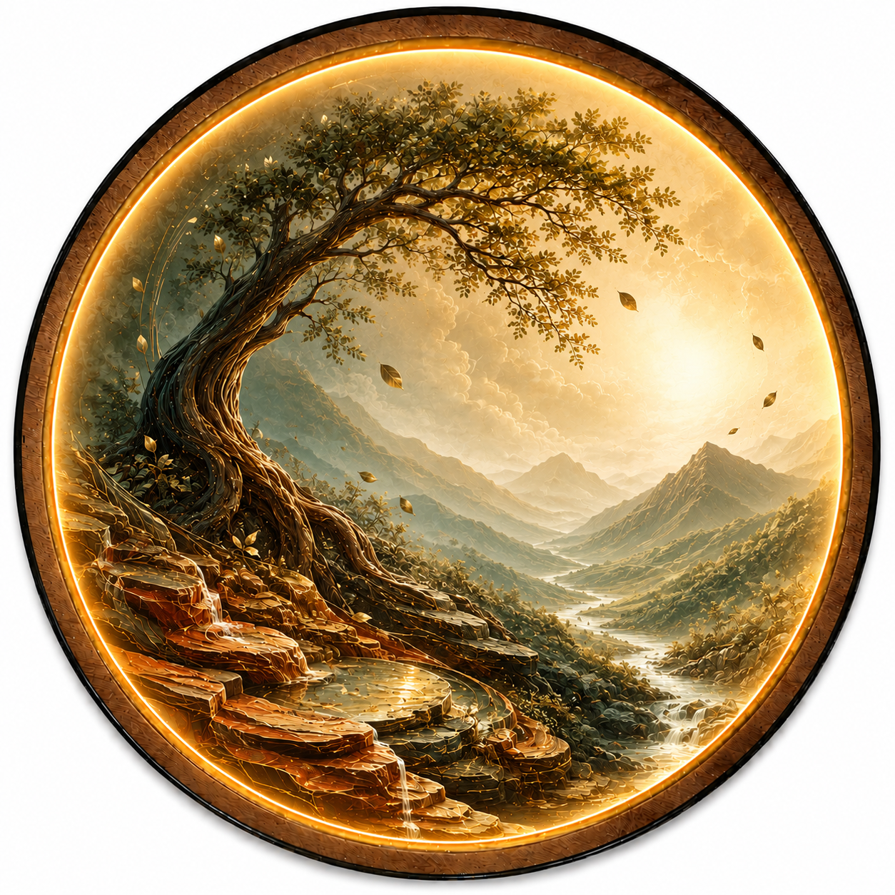 Ancient Horizon LED Wall Art – Illuminated Mountain Tree Decor