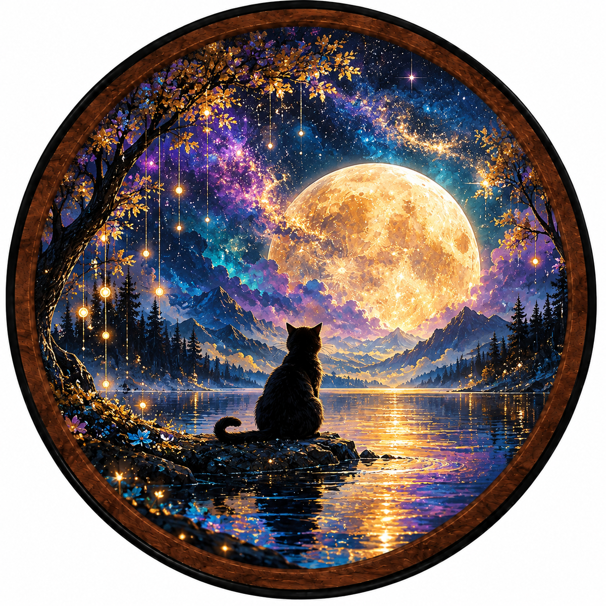 Moonlit Cat – Handcrafted LED Wall Art | Black Cat & Golden Moon