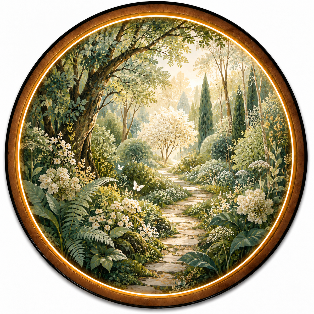 Enchanted White Garden Path Circular LED Wall Art