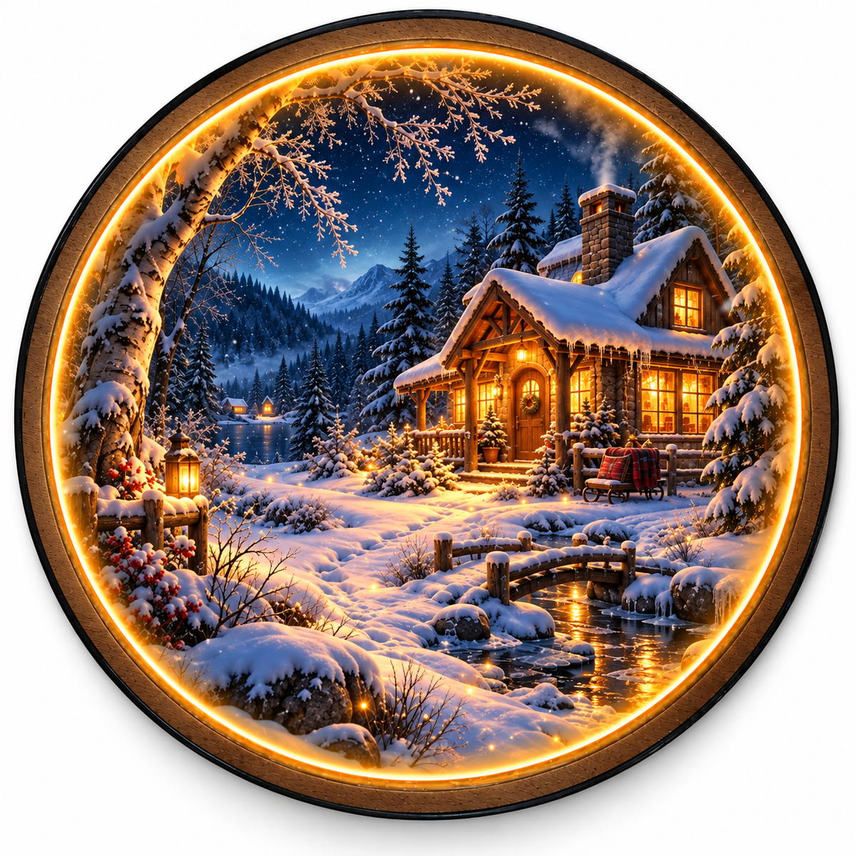 Winter Cabin Glow LED Wall Art – Cozy Snowy Mountain Retreat