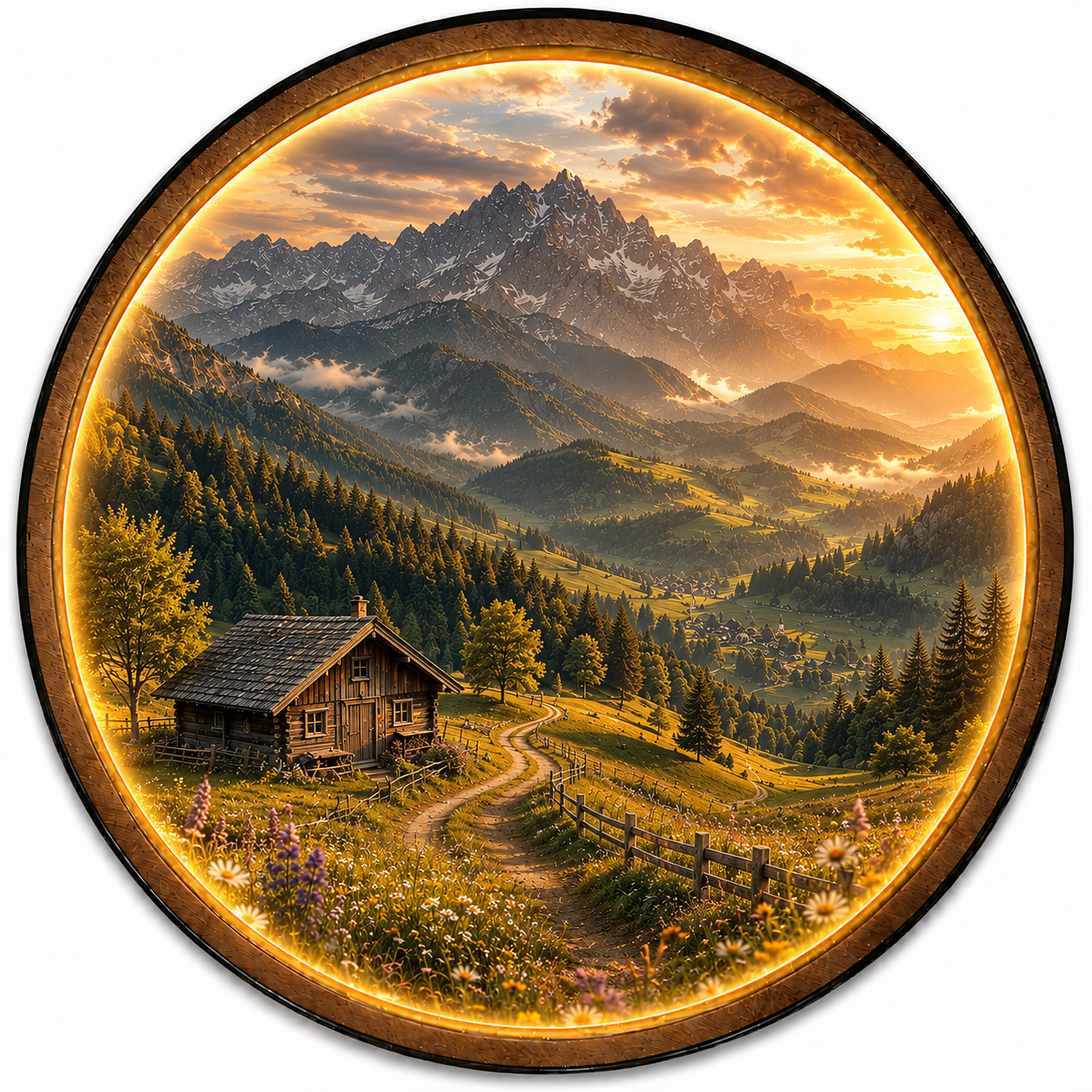 Mountain Cabin Landscape with Warm LED Light