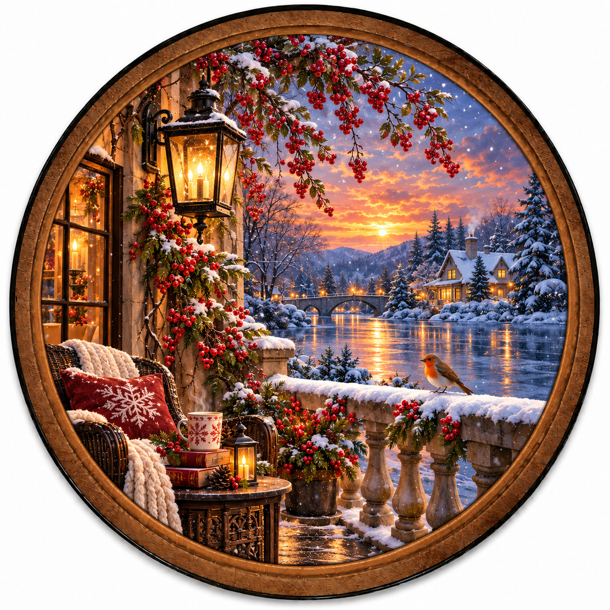 Winterberry Glow LED Wall Art – Cozy Snowy Lakeside Retreat