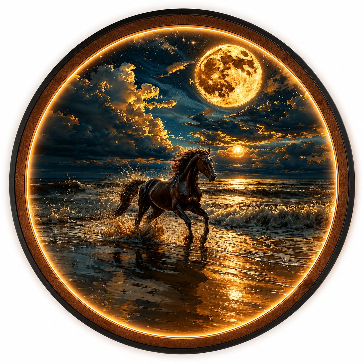Wood Carved Horse Moonlit Beach LED Wall Lamp | Galloping Horse Night Light Wall Art