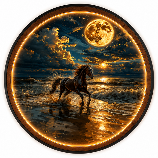 Wood Carved Horse Moonlit Beach LED Wall Lamp | Galloping Horse Night Light Wall Art