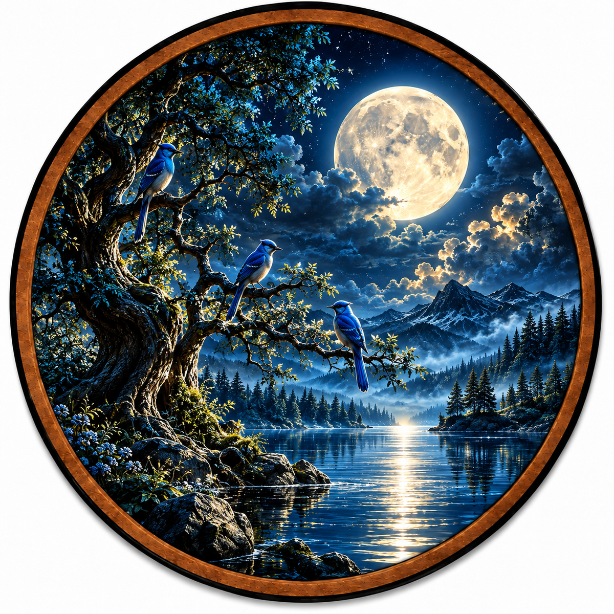 Moonlit Bluebirds – Handcrafted Round LED Wall Art