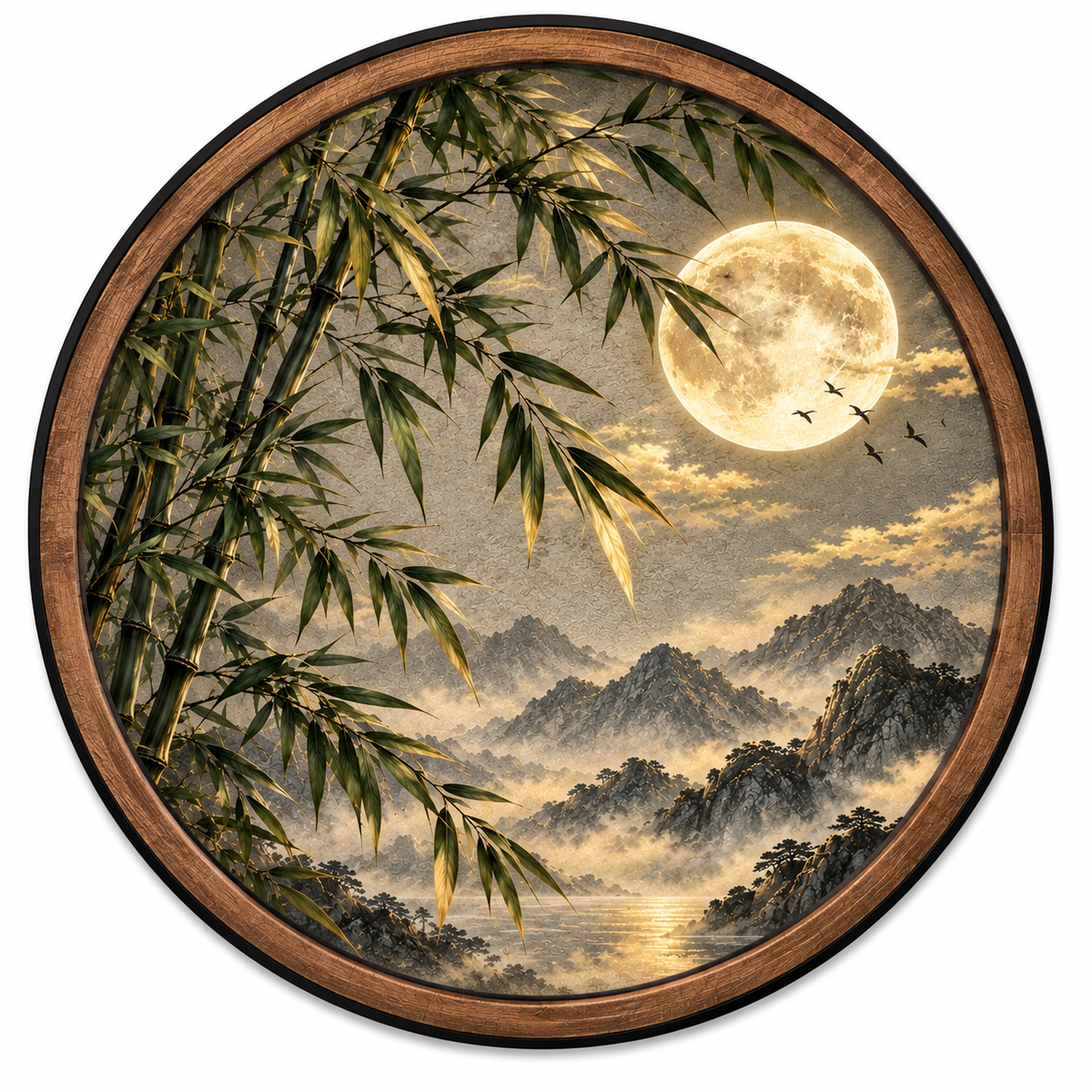 Golden Bamboo Moon LED Wall Art – Mountain Nature Decor