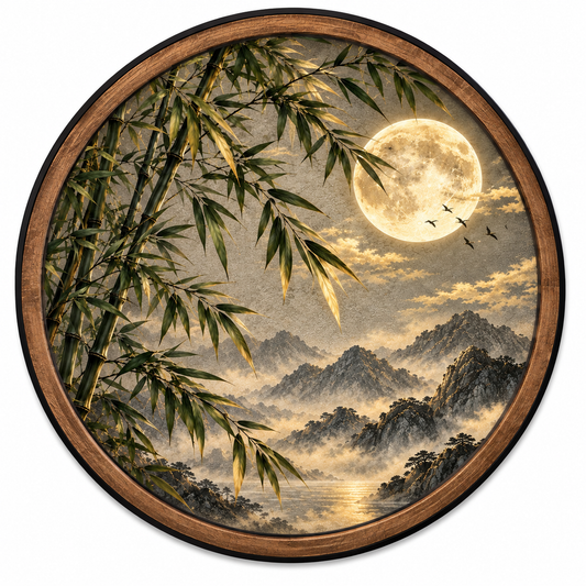 Golden Bamboo Moon LED Wall Art – Mountain Nature Decor