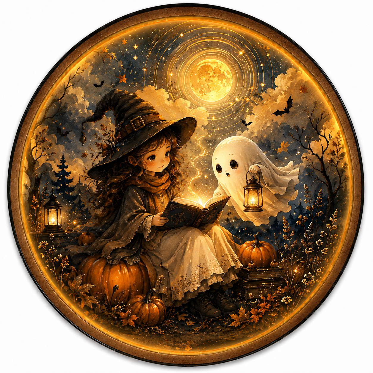 Midnight Storybook LED Wall Art – Cute Witch & Ghost Halloween Decor