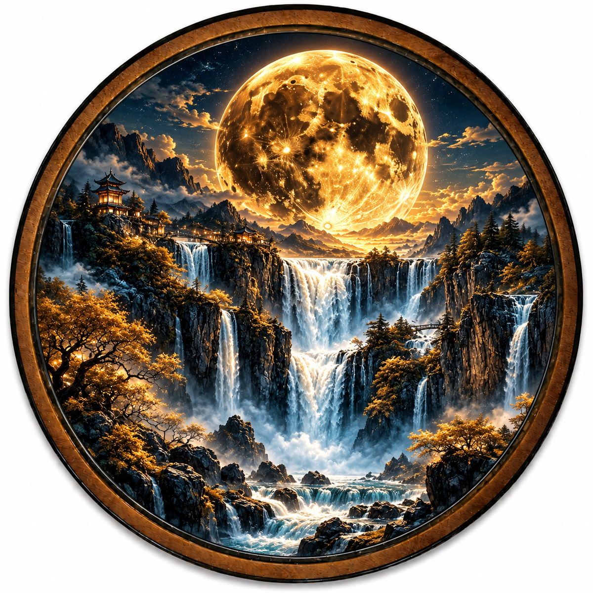 Handcrafted Golden Moon Waterfall LED Wall Art – Mystical Mountain Landscape