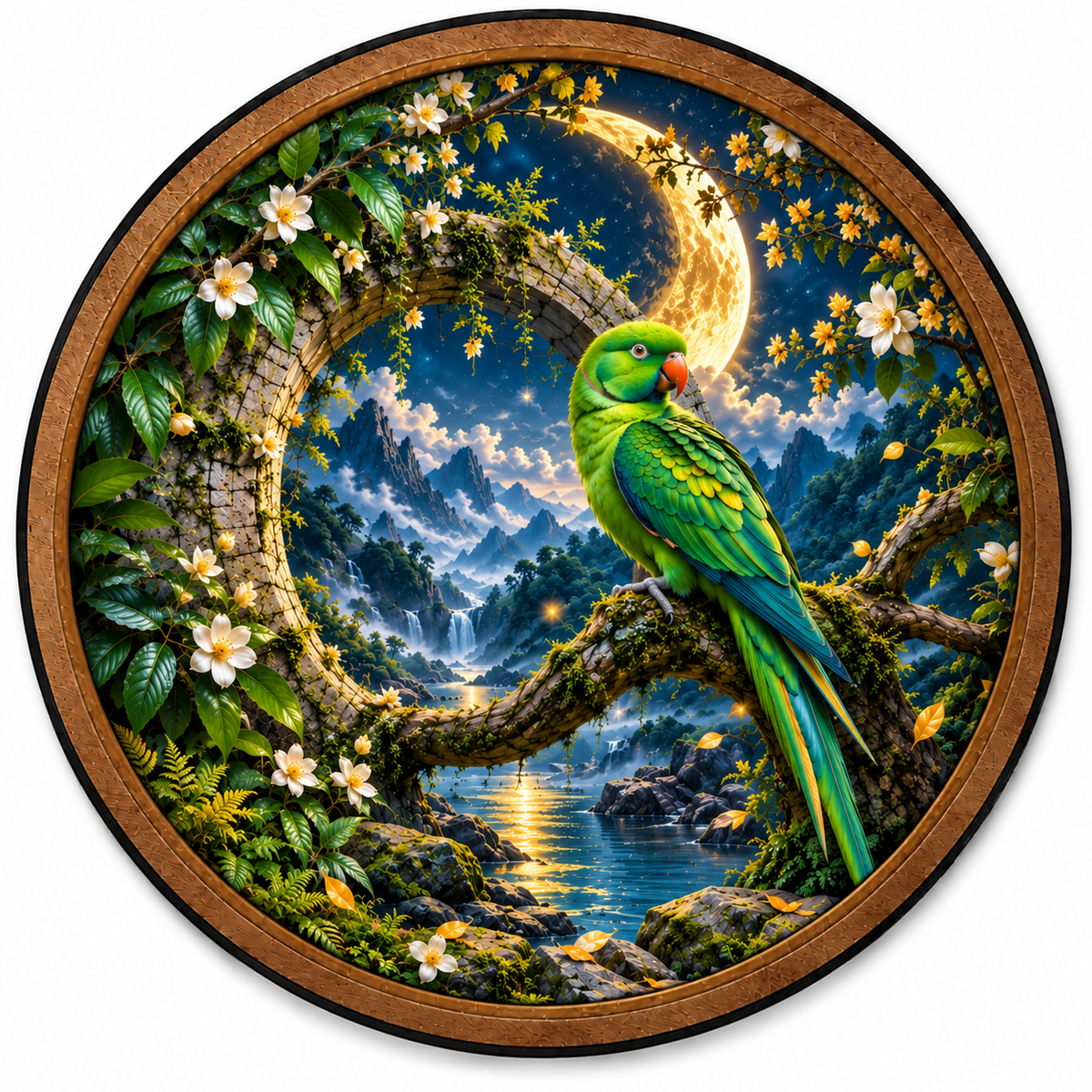 Emerald Moon Parrot LED Wall Art – Tropical Bird & Moon Decor