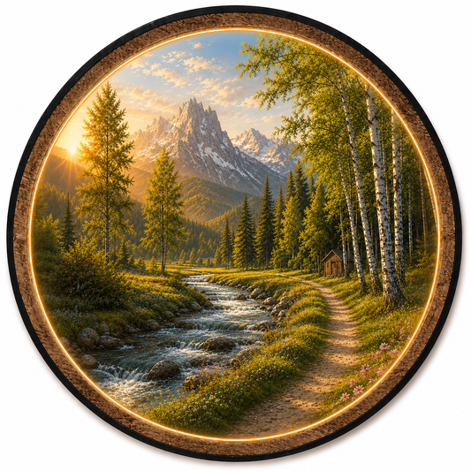 Mountain Sunrise LED Wall Art – Alpine River Round Lighted Decor