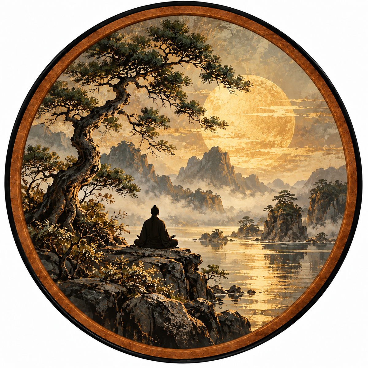 Golden Moon Zen – Handcrafted LED Wall Art | Japanese Meditation & Bonsai Pine Tree Decor