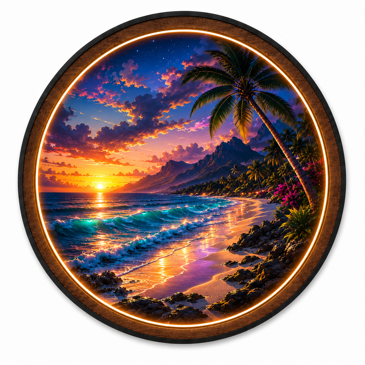 Tropical Sunset LED Wall Art | Circular Palm Tree Beach Sign, Ocean Wave Neon Decor