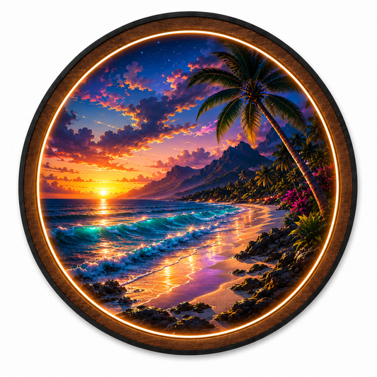 Tropical Sunset LED Wall Art | Circular Palm Tree Beach Sign, Ocean Wave Neon Decor