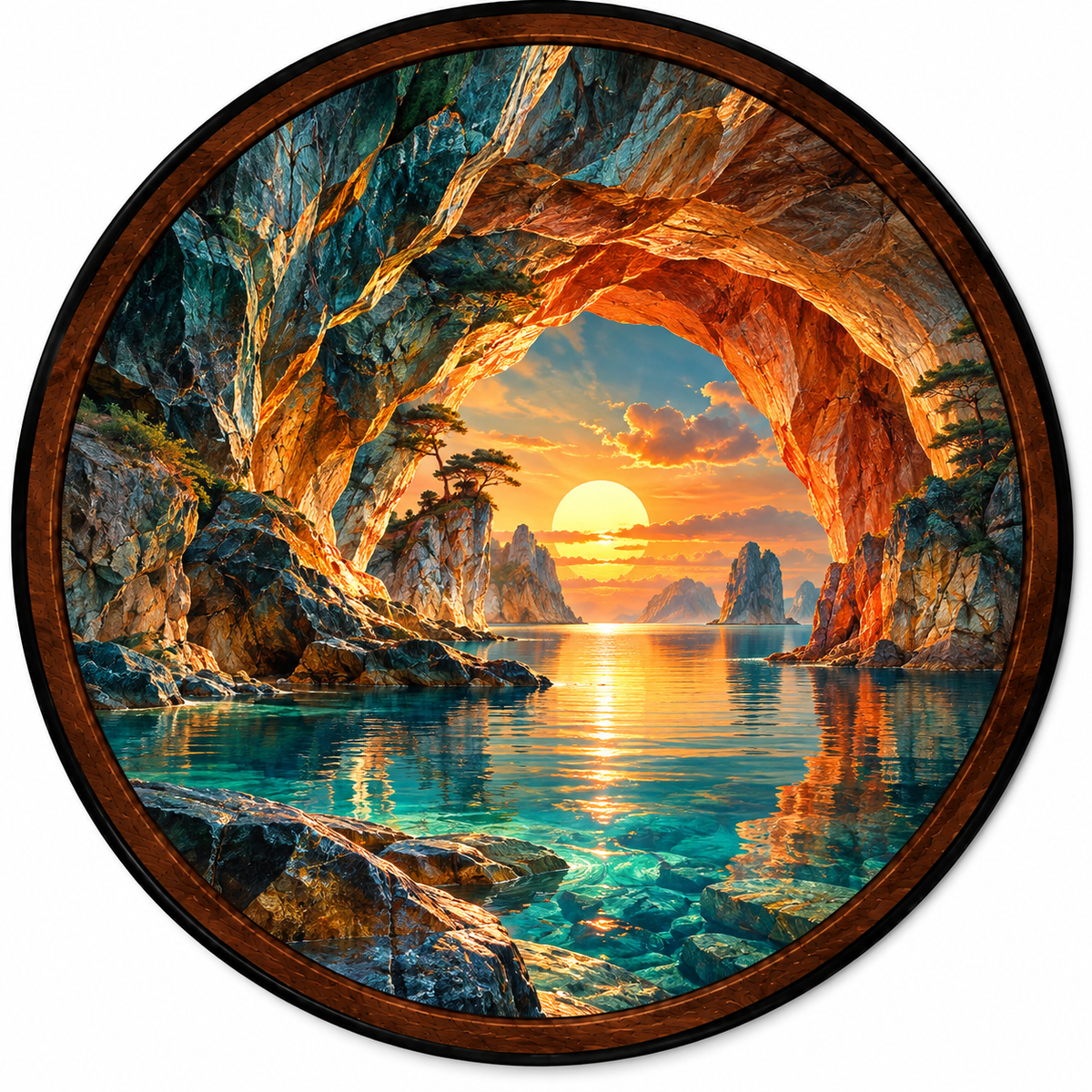 Ocean Cave Sunset Landscape, Coastal Nature – Handcrafted LED Wall Art