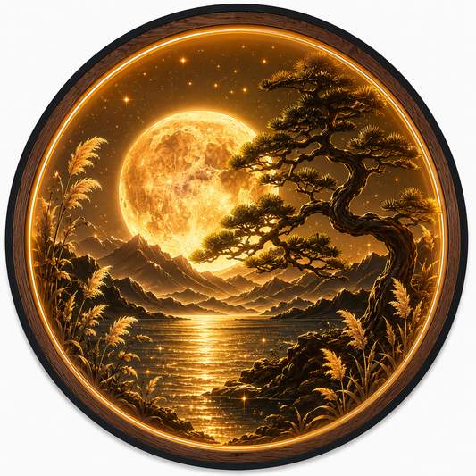 Golden Moon Bonsai LED Wall Art – Illuminated Landscape Decor