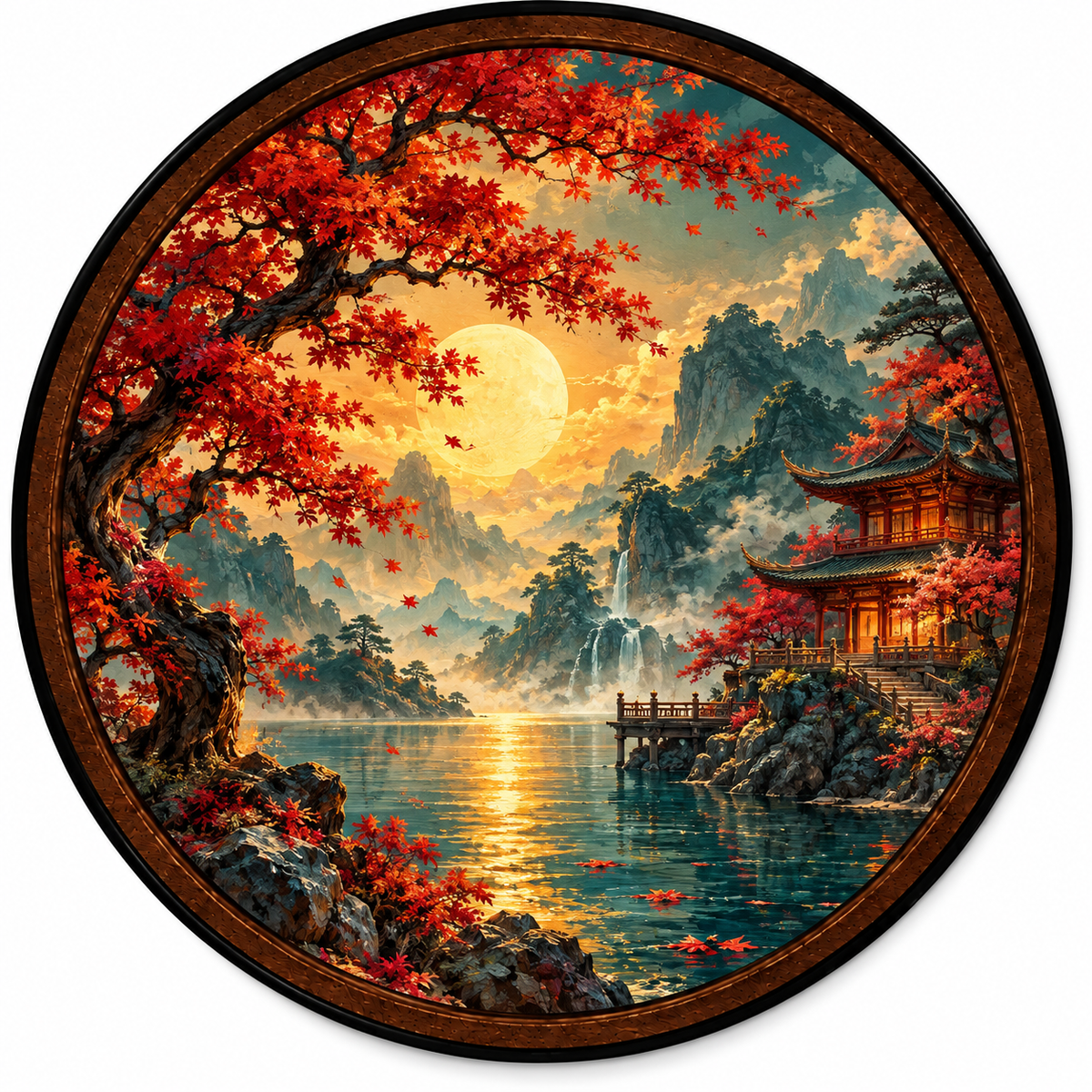 Red Maple Tree, Golden Moon & Asian Temple Landscape – Handcrafted LED Wall Art