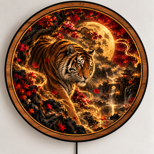 Crimson Moon Tiger – Golden Spirit LED Wall Art