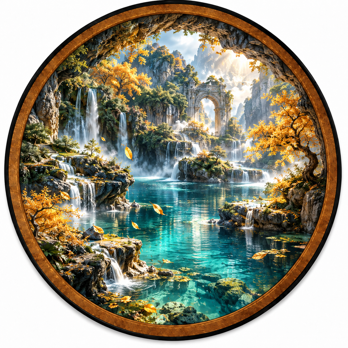 Enchanted Autumn Falls – Handcrafted Round LED Wall Art