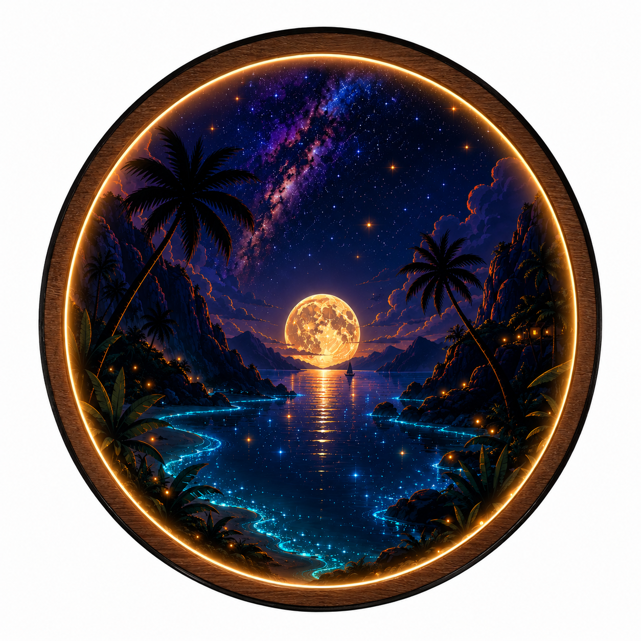 Moonlit Paradise Round LED Wall Art – Acrylic LED Wall Decor with Wooden Frame