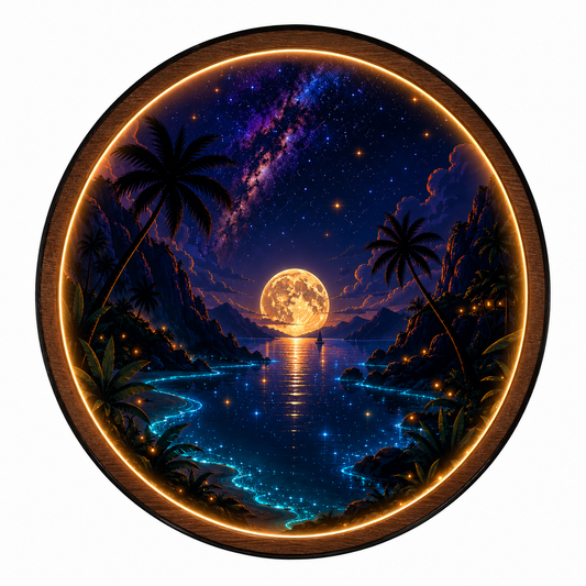 Moonlit Paradise Round LED Wall Art – Acrylic LED Wall Decor with Wooden Frame