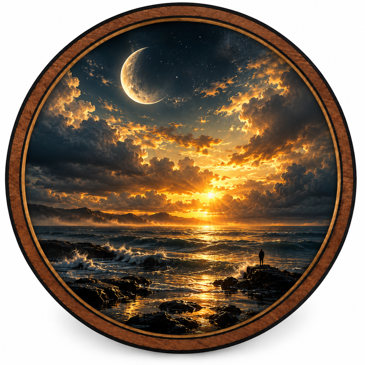 Golden Celestial Ocean Moonlight Circular LED Wall Art