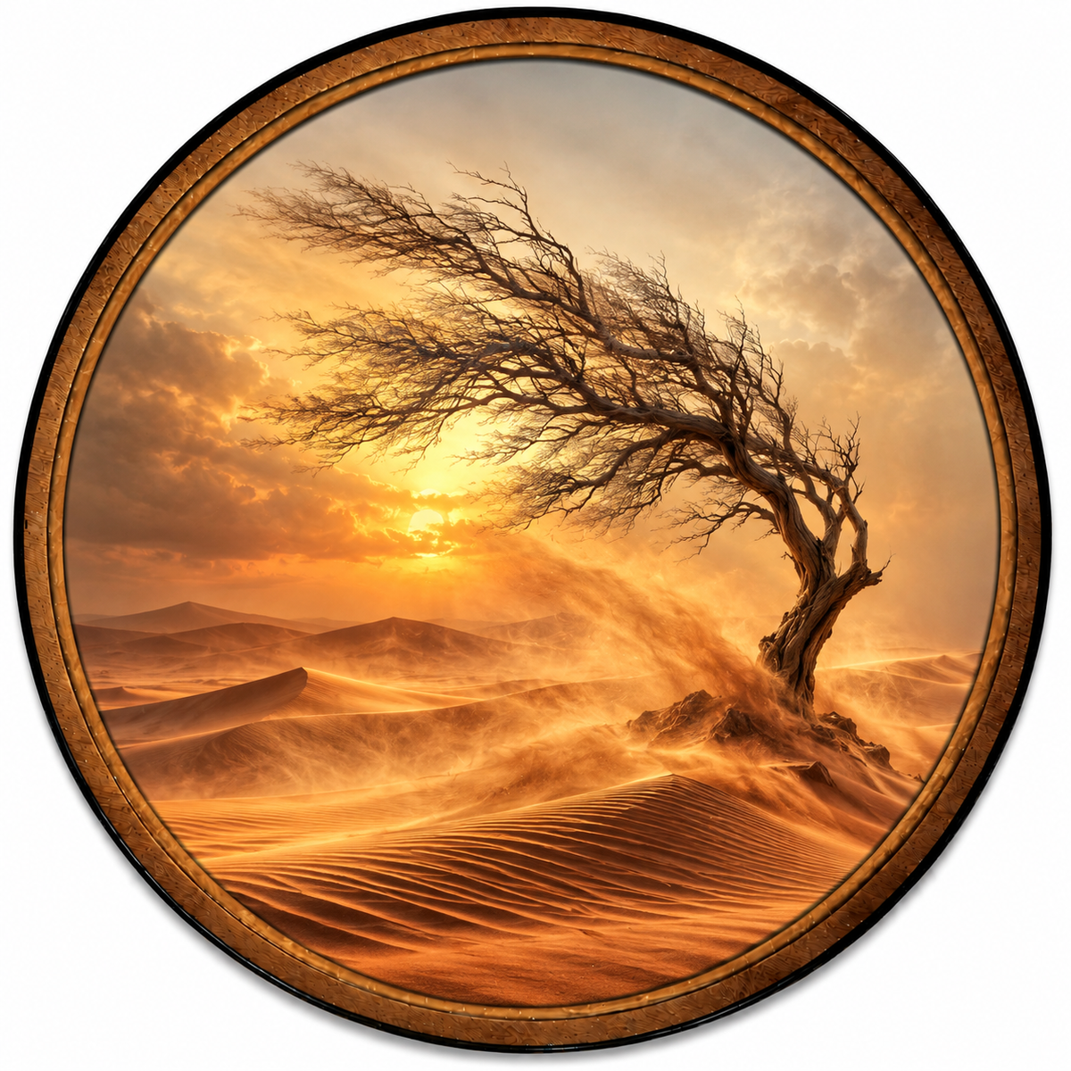 Handcrafted Desert Tree LED Wall Art – Golden Sunset & Windswept Tree, Rustic Nature Landscape