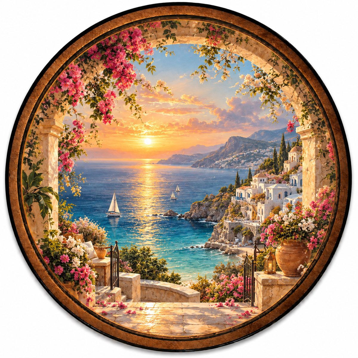 Handcrafted Mediterranean Sunset LED Wall Art – Coastal Village & Bougainvillea Ocean View Decor