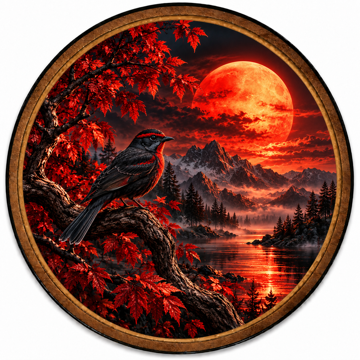 Crimson Moon Songbird Mountain Circular LED Wall Art