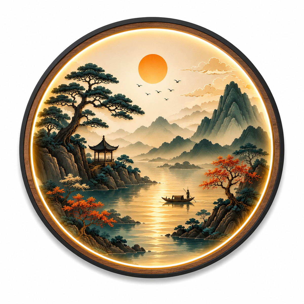 Eastern Serenity LED Wall Art | Tranquil Mountain & Lake Landscape Round Illuminated Wall Decor | Warm LED Ambient Light