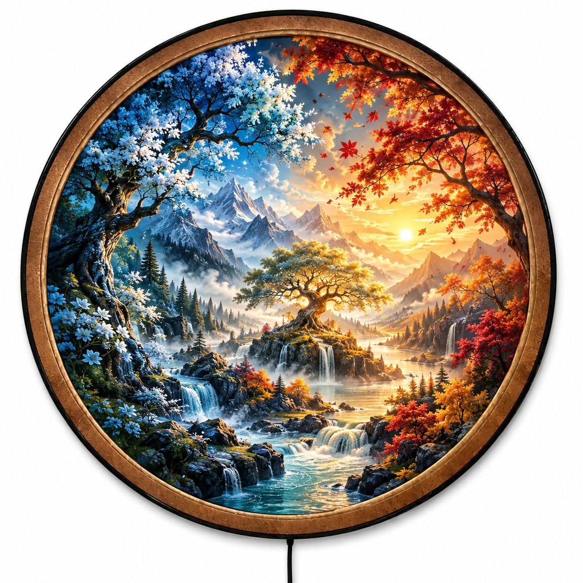 Handcrafted Four Seasons Tree LED Wall Art – Spring & Autumn Mountain Waterfall