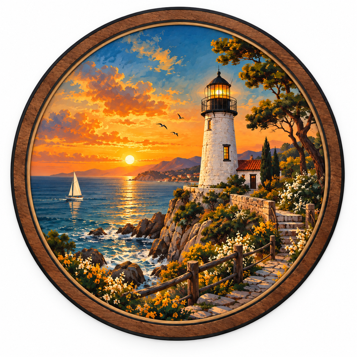 Coastal Beacon — Golden Sunset LED Wall Art | Lighthouse Ocean Wall Decor