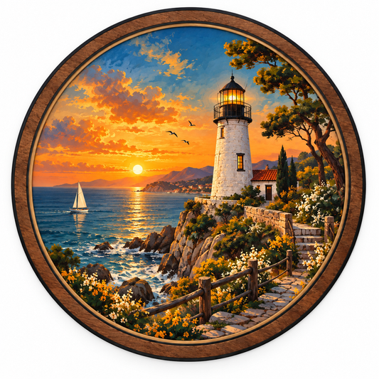 Coastal Beacon — Golden Sunset LED Wall Art | Lighthouse Ocean Wall Decor